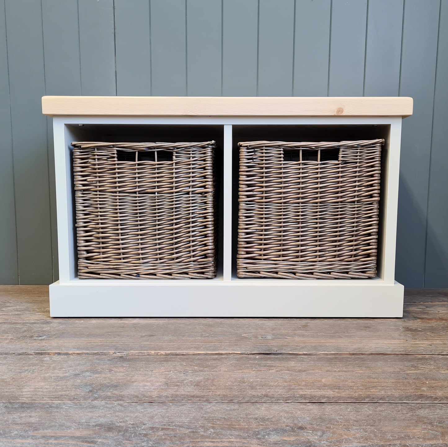Hallway furniture with large baskets. Painted shoe bench with wicker baskets. French Grey with a Blonde Pine top.