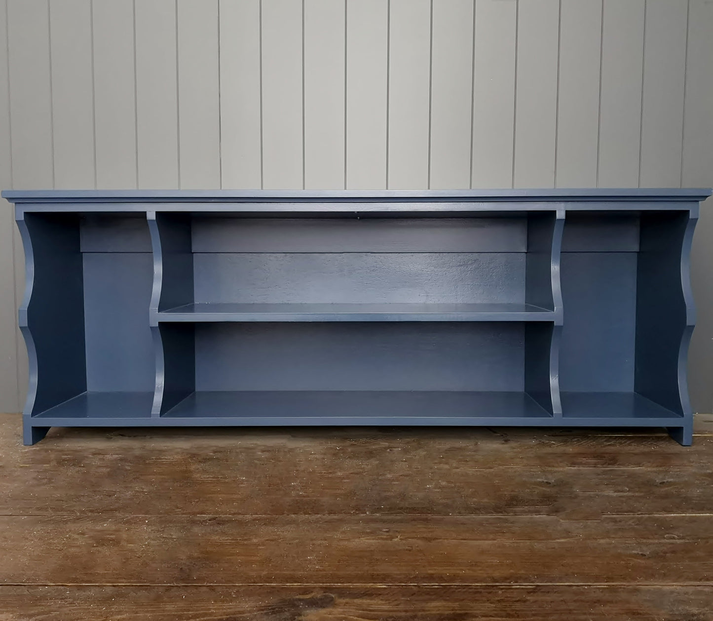 Funky painted hallway bench. Dark blue boot and shoe storage