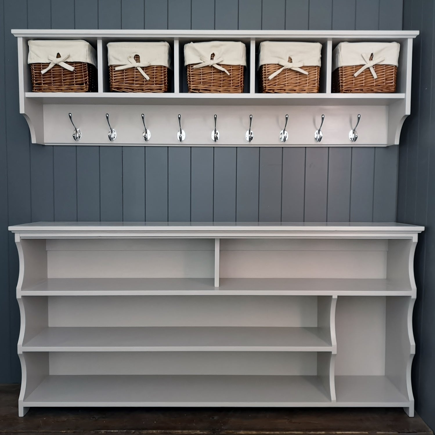 Painted hallway set. Coat rack with chrome hooks and wicker storage baskets. Shoe bench has 4 shelves and space for boots.