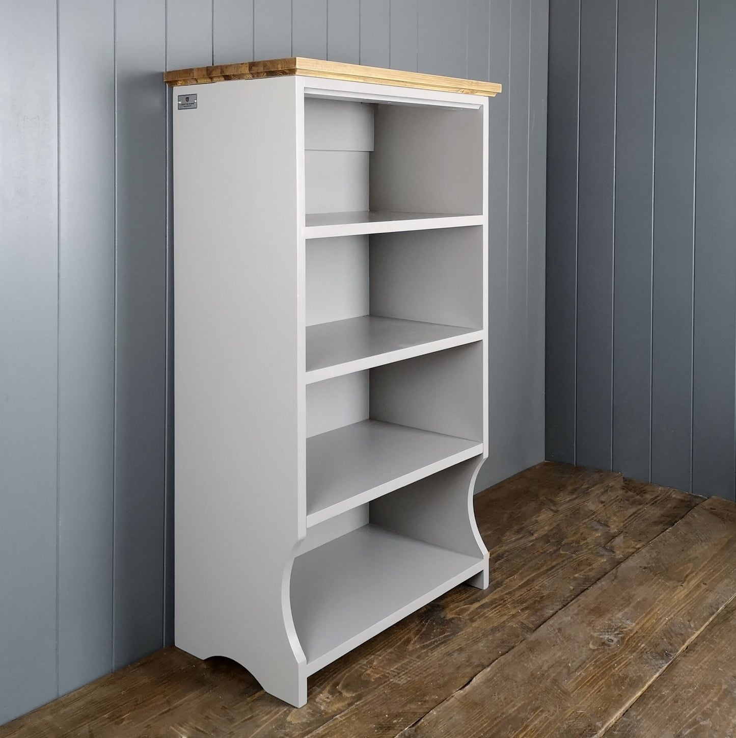 Tall hallway shoe rack with 4 shelves painted french grey with an antique pine top.