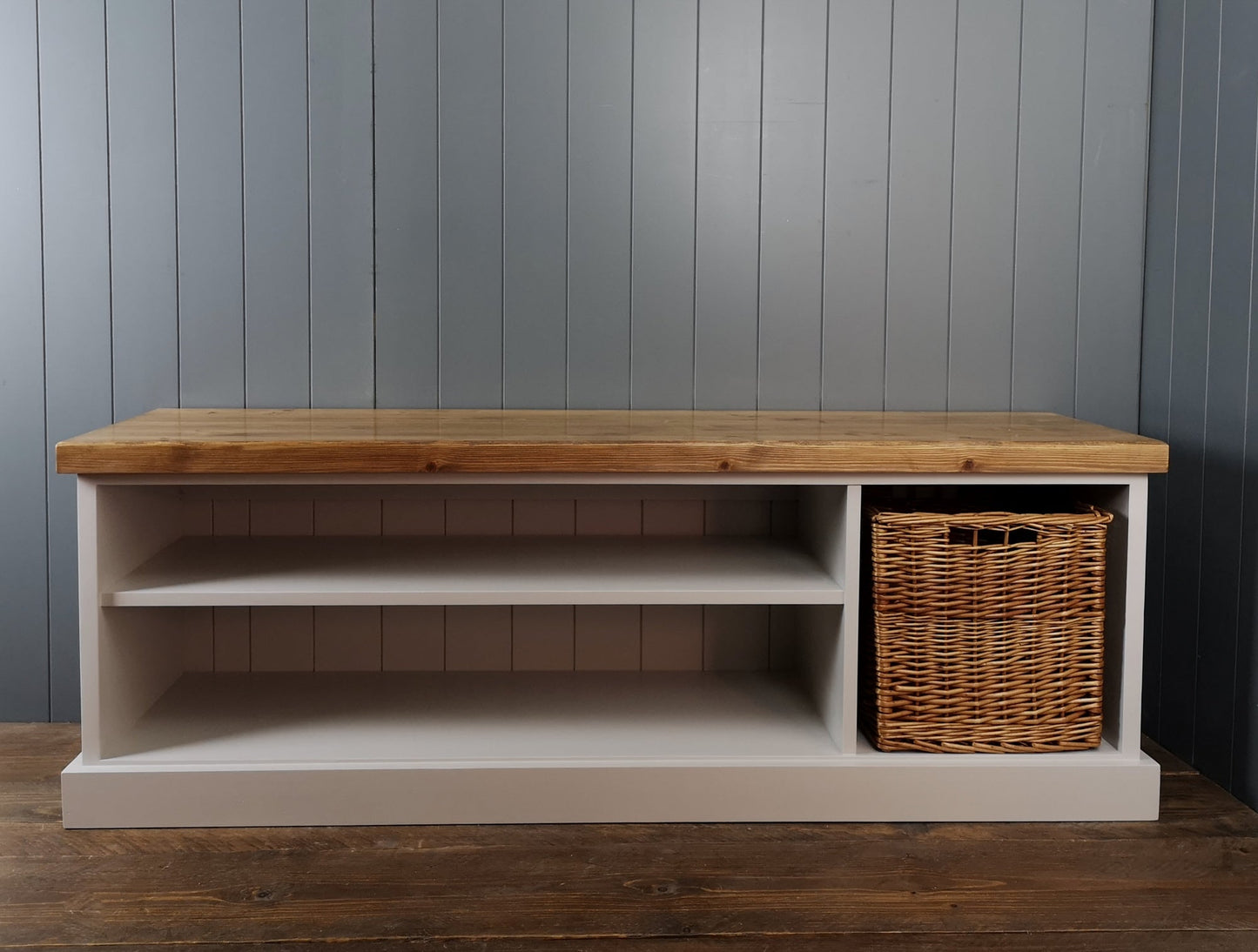 Large shoe bench and coat rack hallway set including basket & storage boxes.