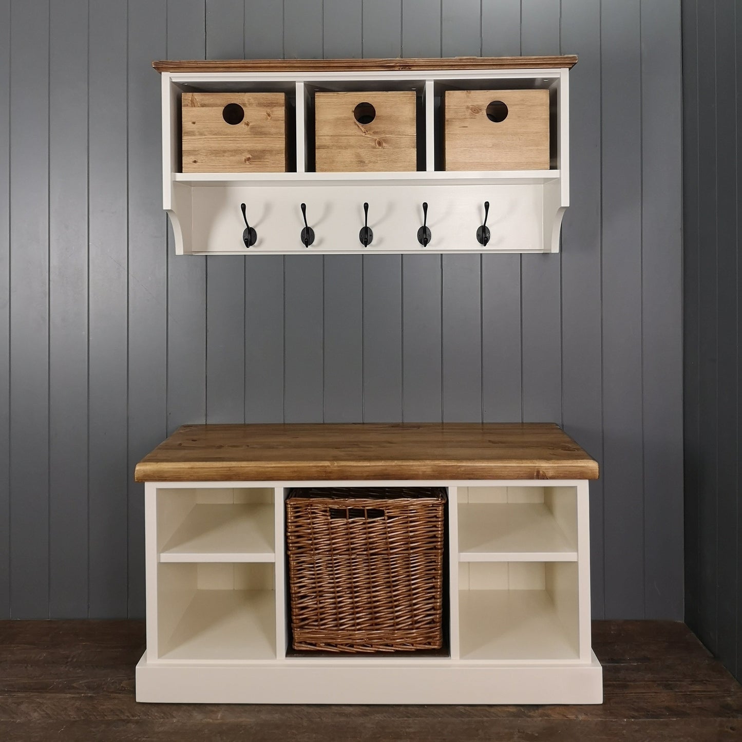 Shoe bench coat rack hallway set with large storage basket & storage box baskets