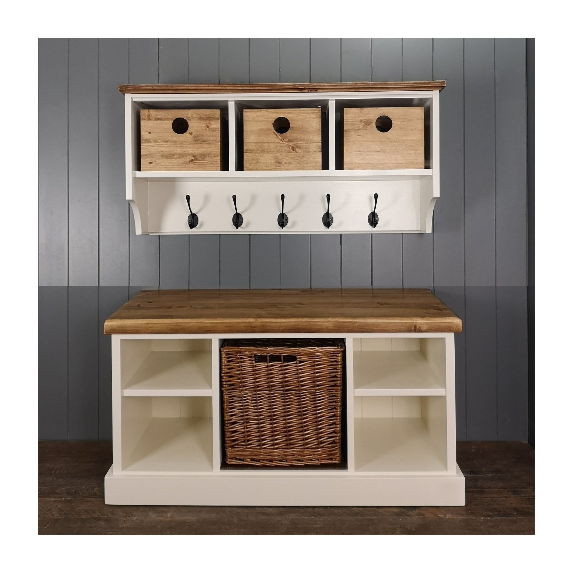 Hallway set painted antique white with antique pine tops. Coat rack has 3 wooden storage boxes and black hooks. Shoe bench has large wicker basket for storing shoes and 2 shelves each side.