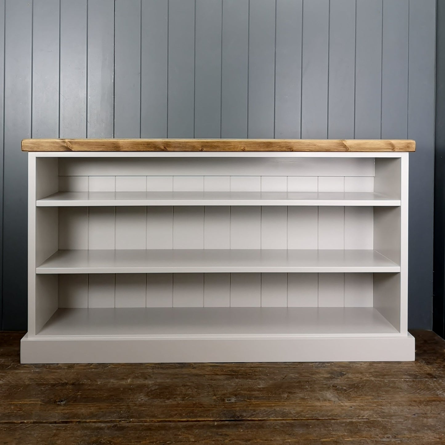 Large but slim shoe rack. 3 shelves painted french grey with rustic antique pine top