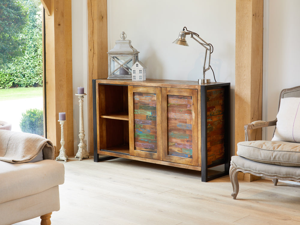 Sideboard : sideboard. Made from reclaimed wood salvaged from old buildings in southern India. Part of the range, colourful furniture for stylish living.