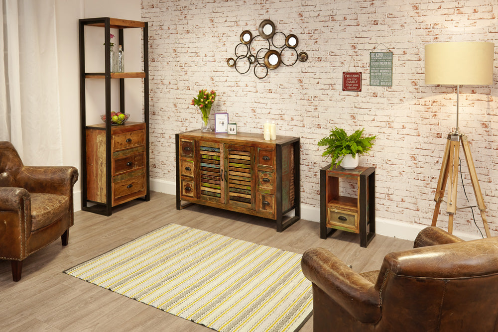 Lamp Table / Bedside Cabinet : Lamp table / Bedside cabinet. Made from reclaimed wood salvaged from old buildings in southern India. Part of the collection, colourful furniture for stylish living.