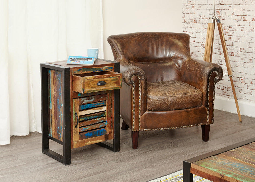 1 Door 1 Drawer Lamp Table : one door, one drawer lamp table. Made from reclaimed wood salvaged from old buildings in southern India. Part of the collection, colourful furniture for stylish living.