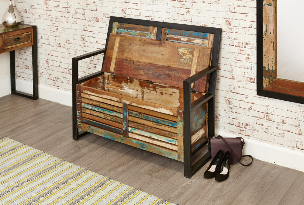 Storage Monks Bench (with shoe storage) : storage monks bench. Made from reclaimed wood salvaged from old buildings in southern India. Part of the collection, colourful furniture for stylish living.