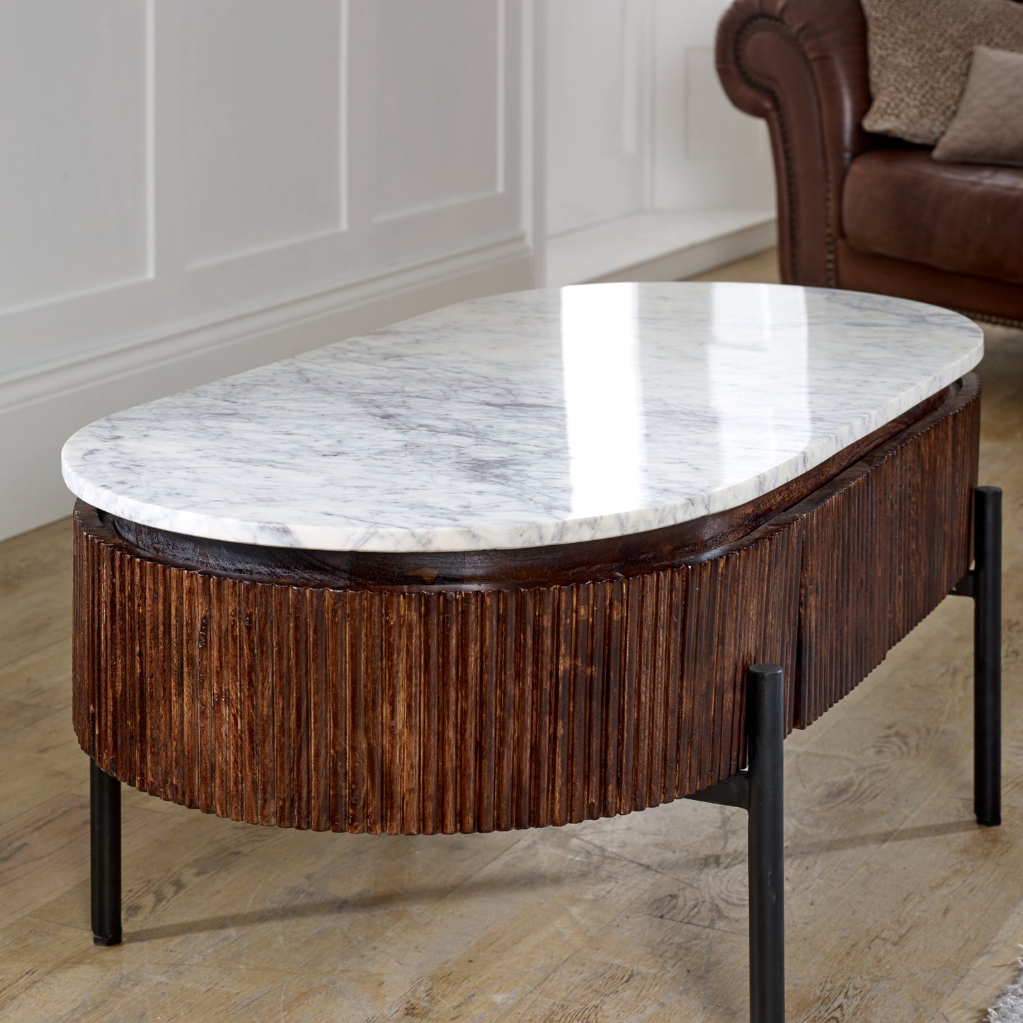Mango Wood Rectangular Fluted Coffee Table With Marble Top & Metal Legs