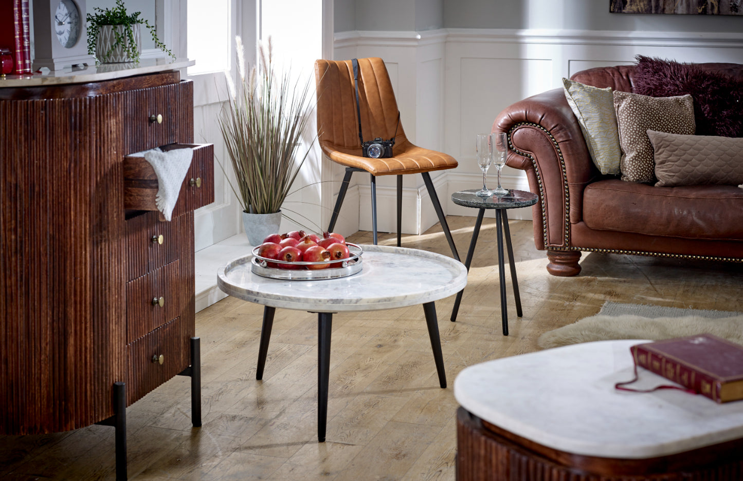 Mango Wood Wide Chest Of Drawers with Marble Top & Metal Legs