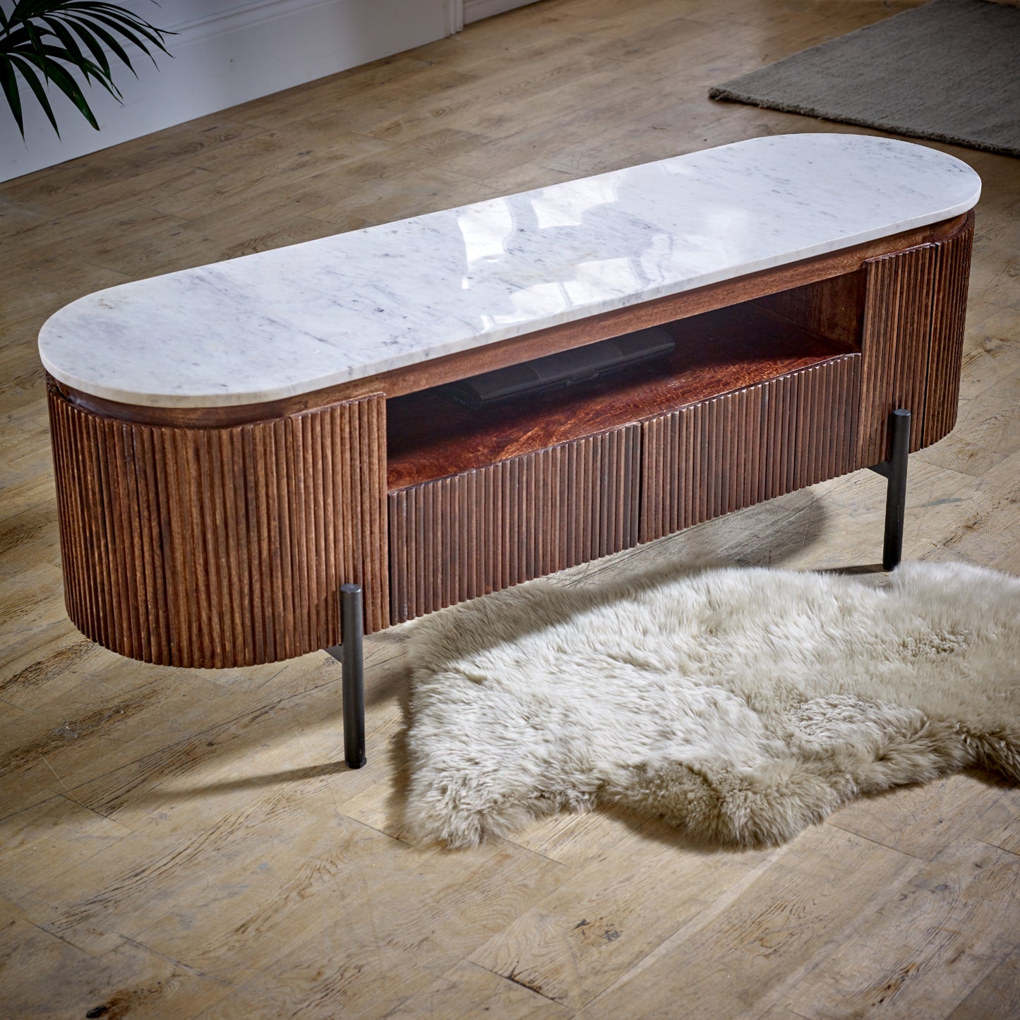 Mango Wood Tv Cabinet With Marble Top & Metal Legs