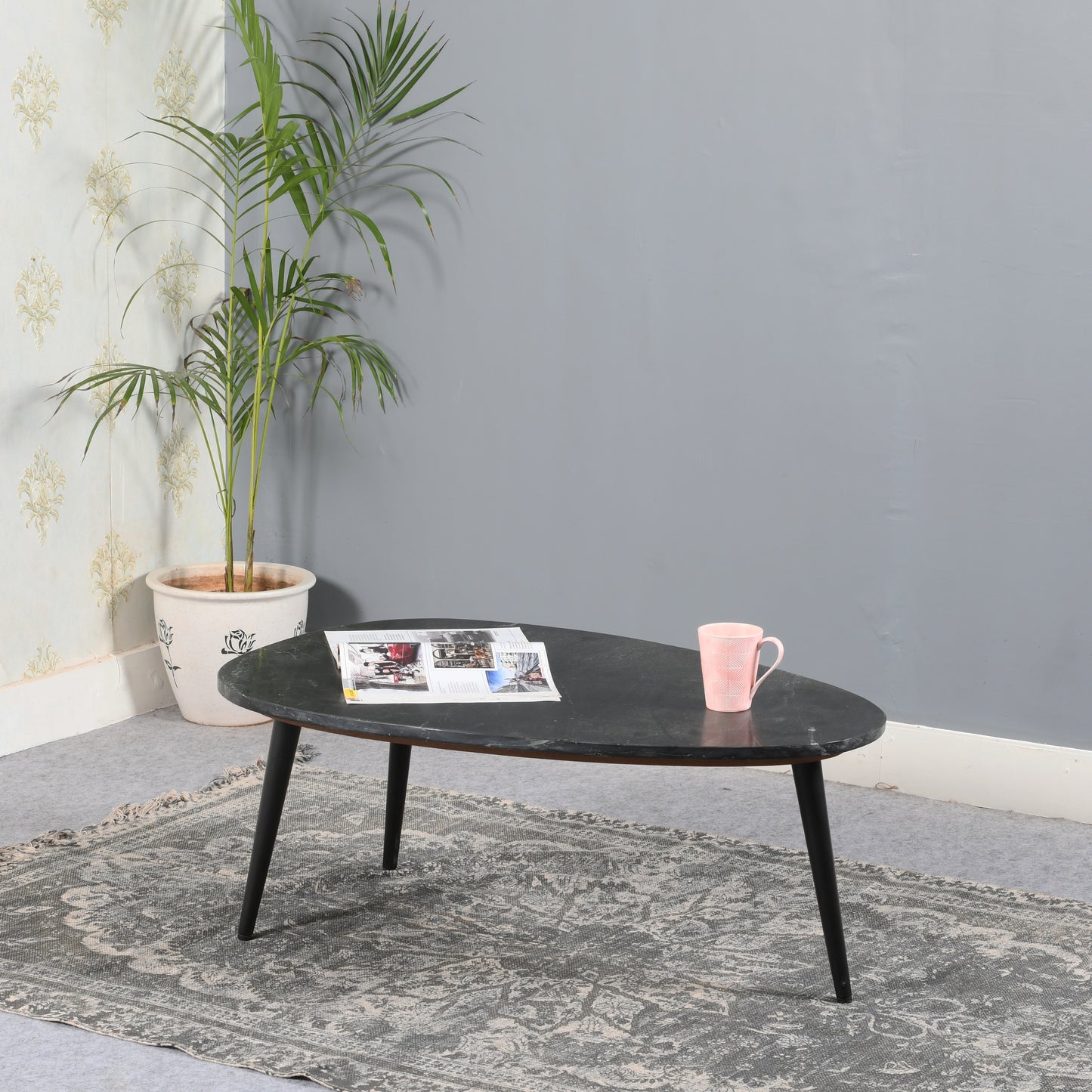 Coffee Table With Black Marble Top & Metal Legs