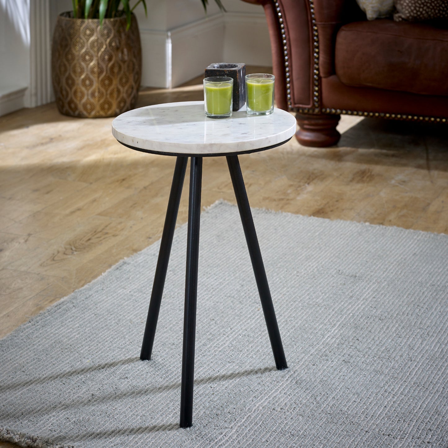 Side Table With White Marble Top & Metal Legs