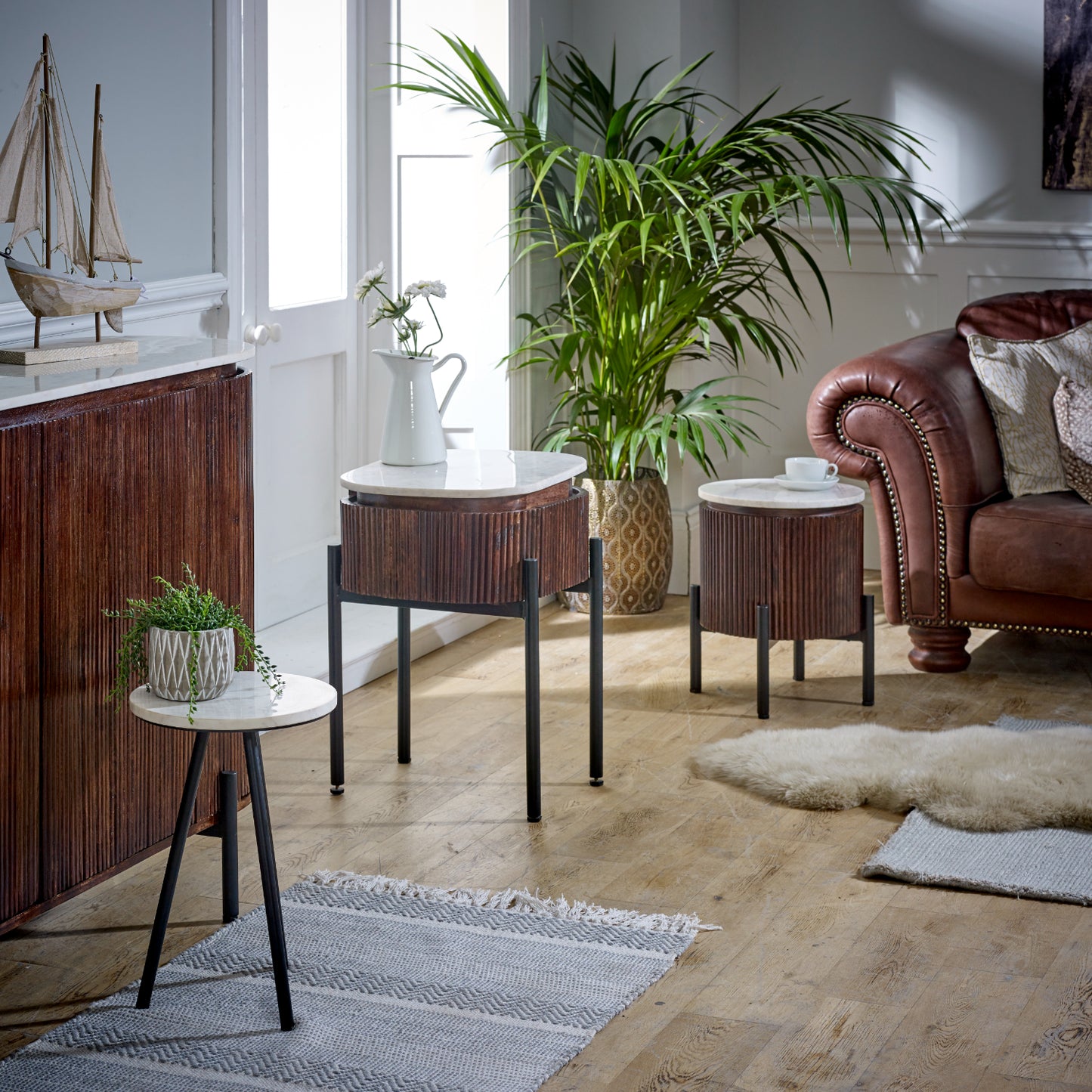 Side Table With White Marble Top & Metal Legs