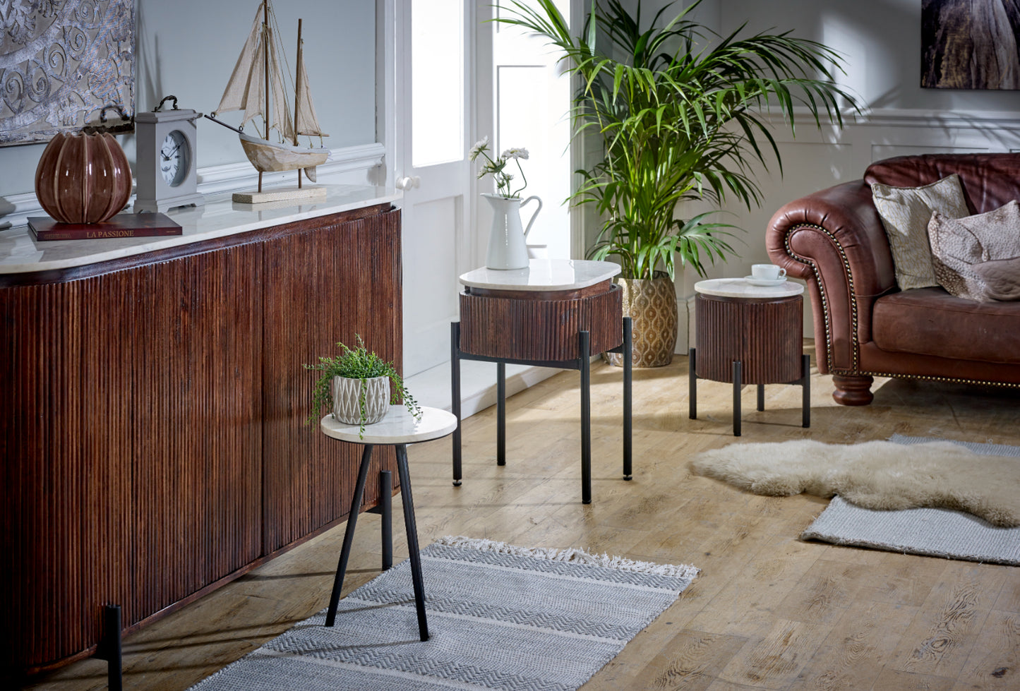 Side Table With White Marble Top & Metal Legs