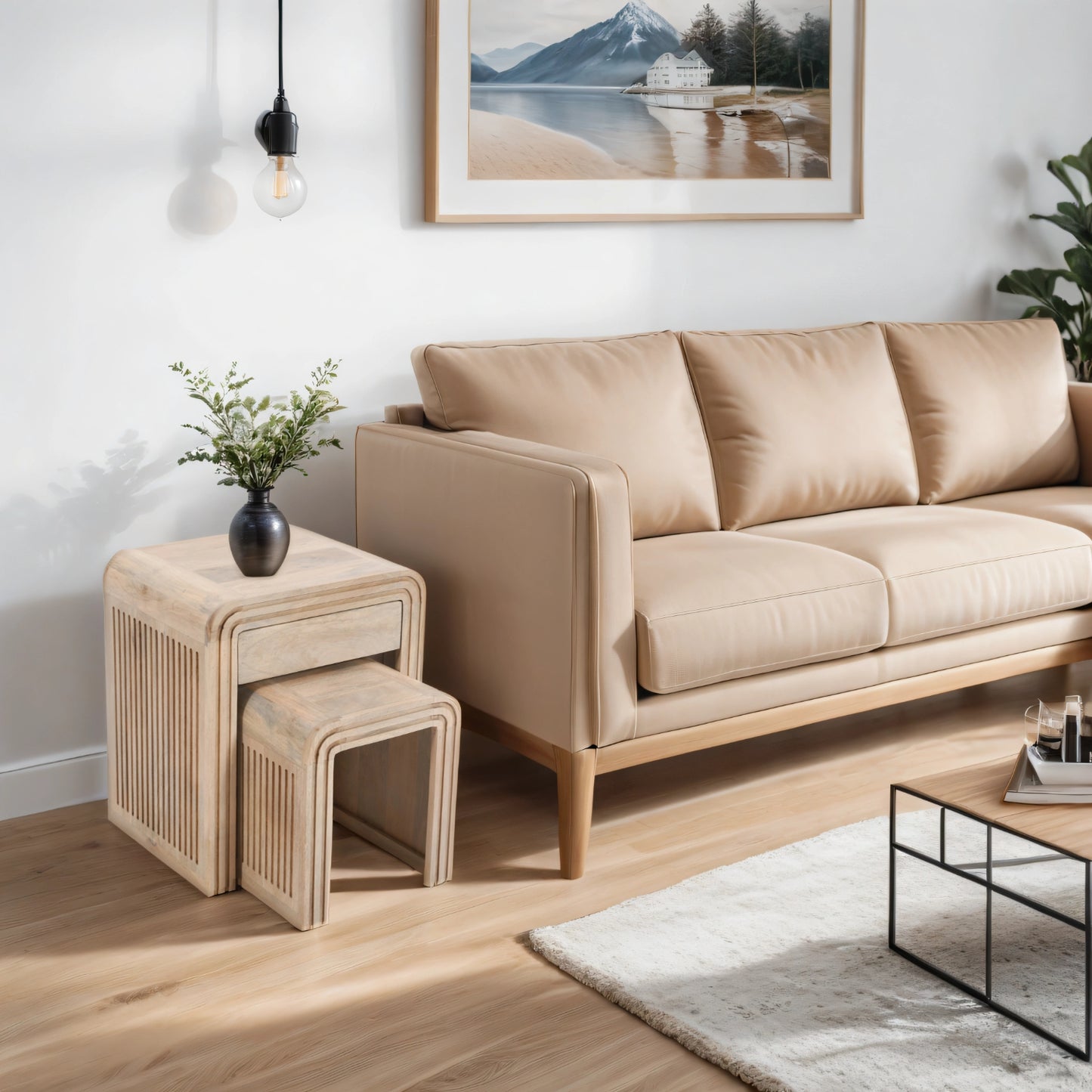 Carved Mango Wood Nest of 2 Tables with Drawer