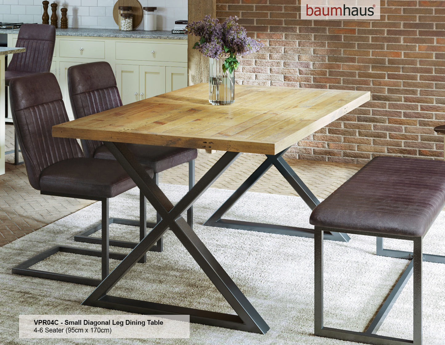 Reclaimed SMALL (Diagonal Leg / 95cm x 170cm top) 4-6 seater : Reclaimed Wood and Steel Dining Table, stylish