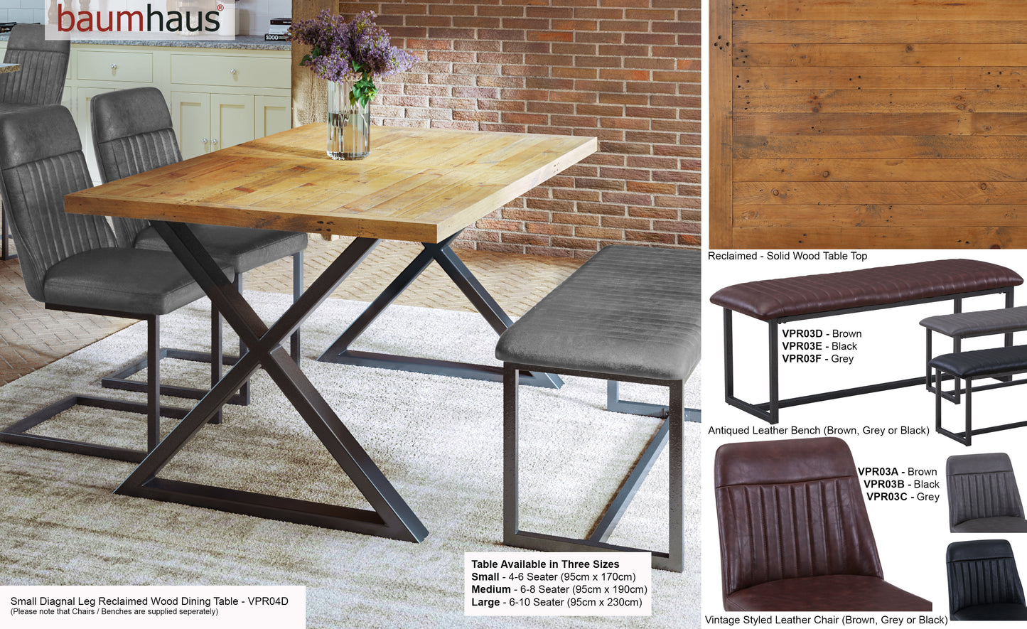 Reclaimed SMALL (Diagonal Leg / 95cm x 170cm top) 4-6 seater : Reclaimed Wood and Steel Dining Table, stylish