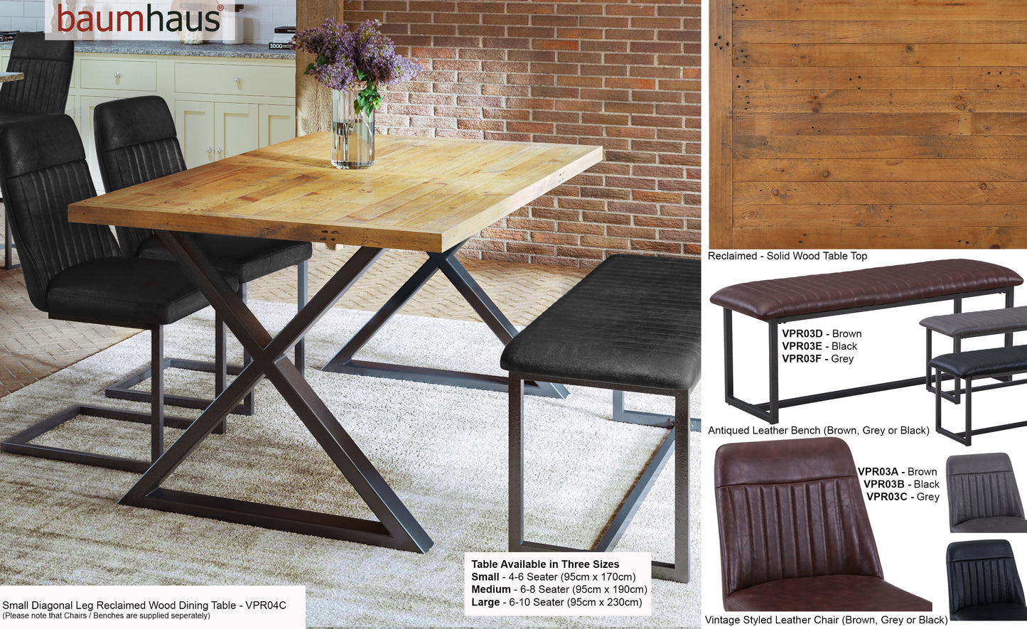 Reclaimed SMALL (Diagonal Leg / 95cm x 170cm top) 4-6 seater : Reclaimed Wood and Steel Dining Table, stylish