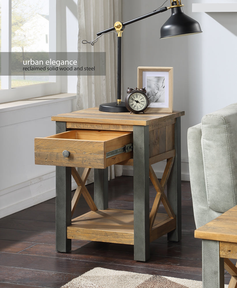 Reclaimed Lamp Table With Drawer : Reclaimed Wood and Steel Lamp Side table with drawer , stylish