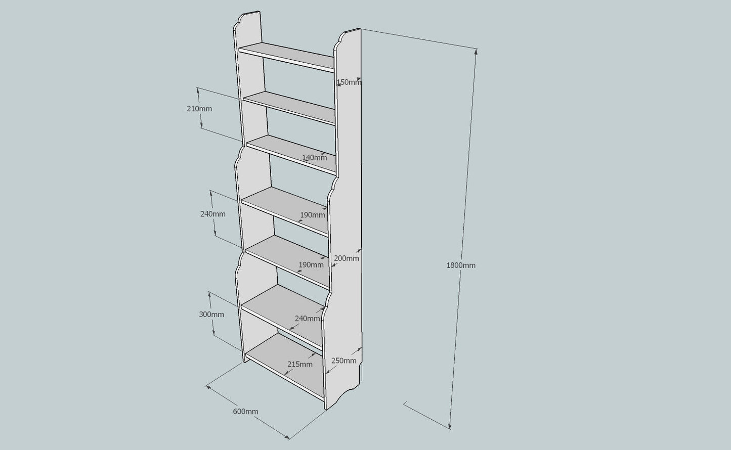 Dimensions for Waterfall book case or display shelves