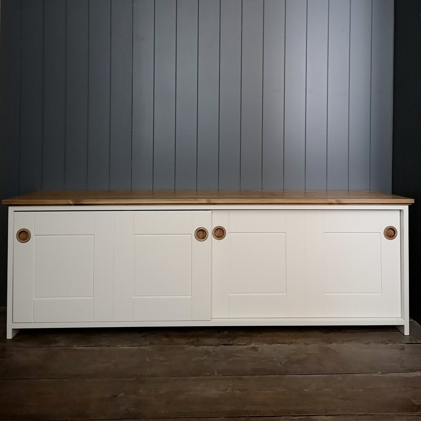 Hand made antique white painted storage cupboard with sliding doors