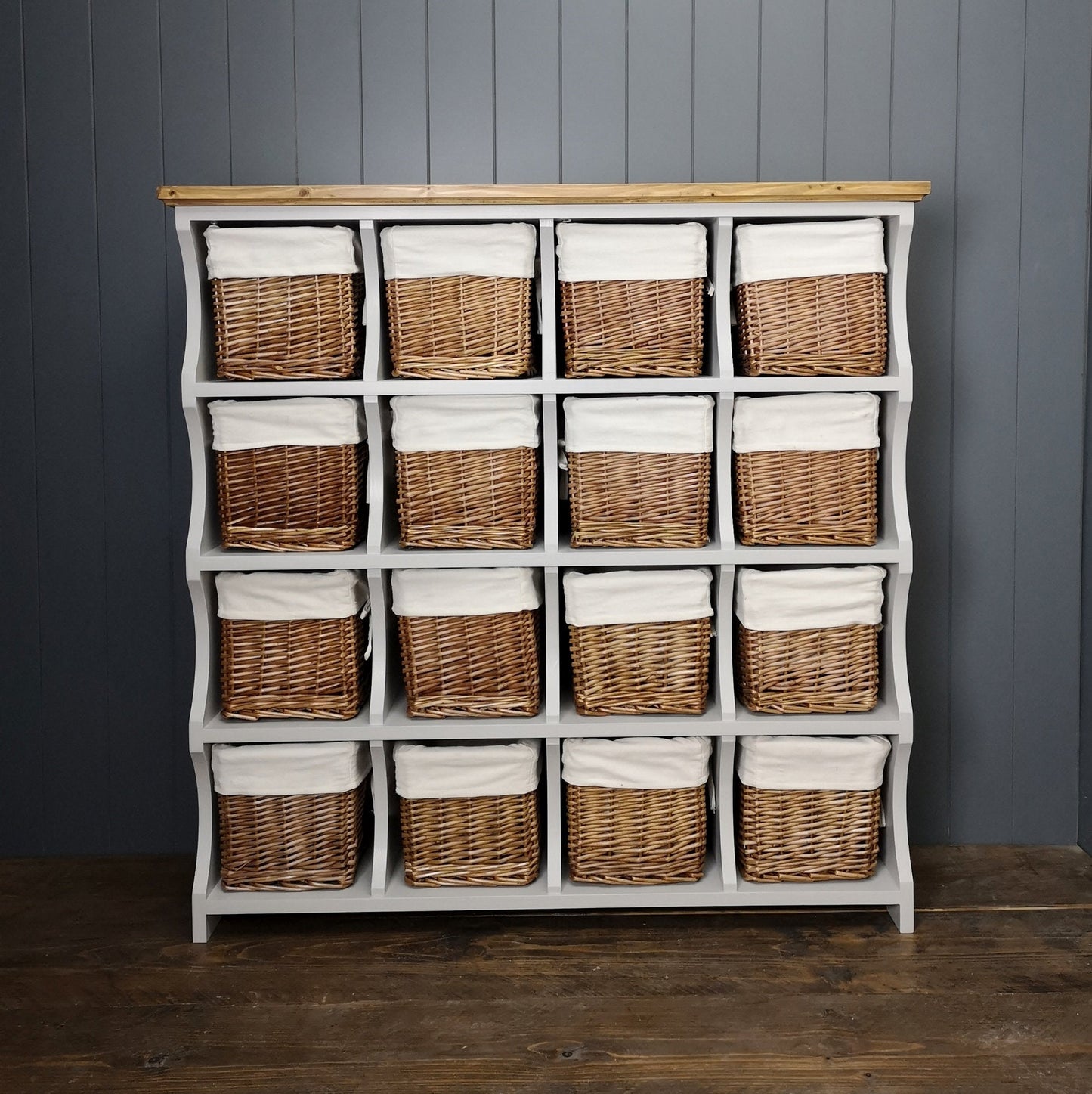 Painted storage chest with wicker baskets