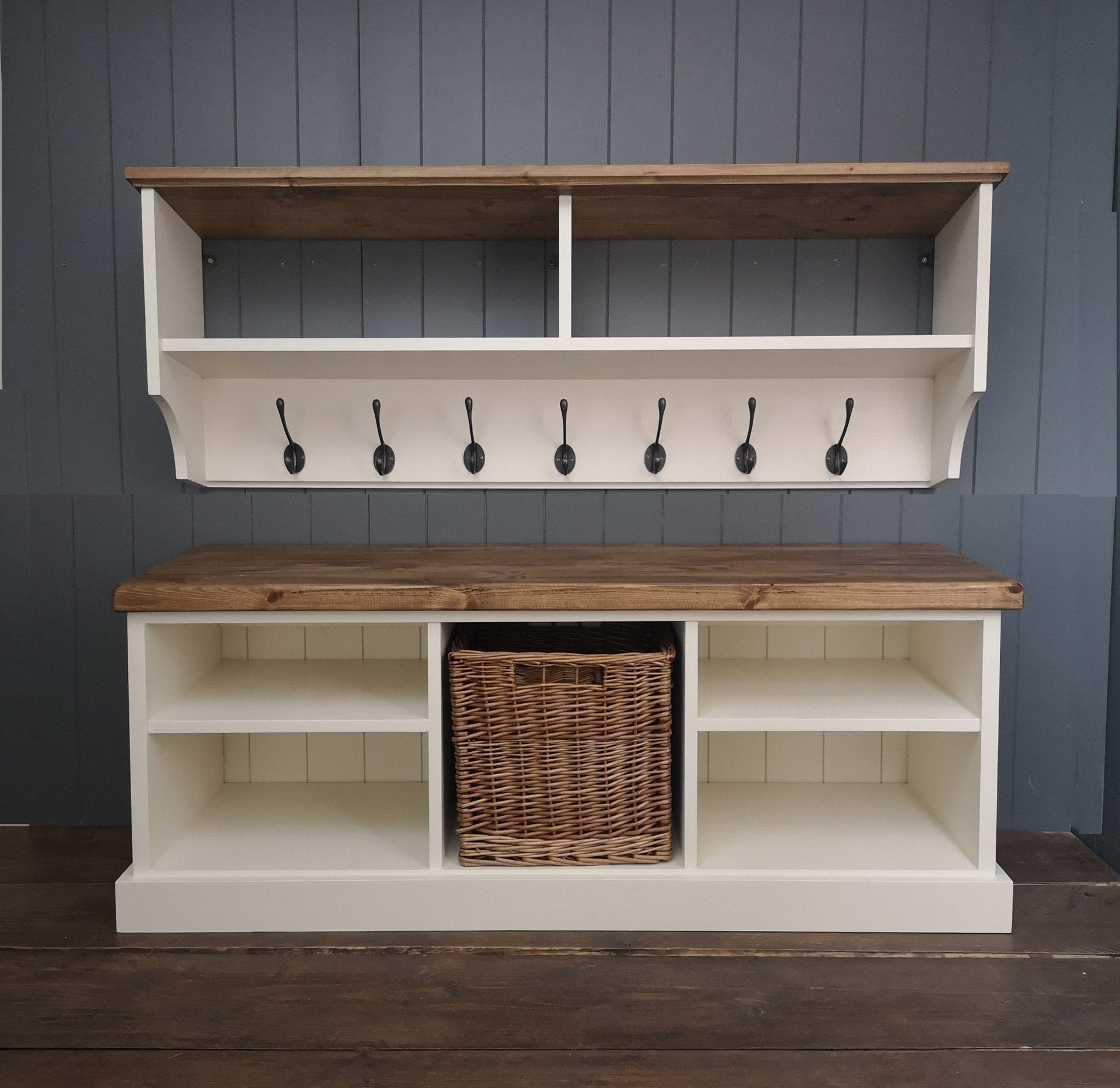Hallway set painted antique white with antique pine tops. Coat rack has 2 shelf compartments and black hooks. Shoe bench has large wicker basket for storing shoes and 2 shelves.