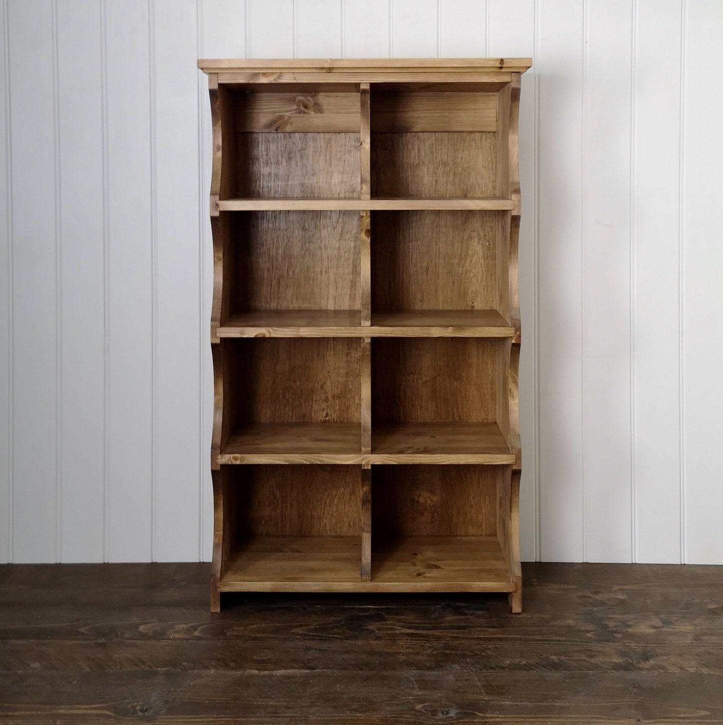 Tall slim hallway shoe storage with 8 storage compartments finished in antique pine
