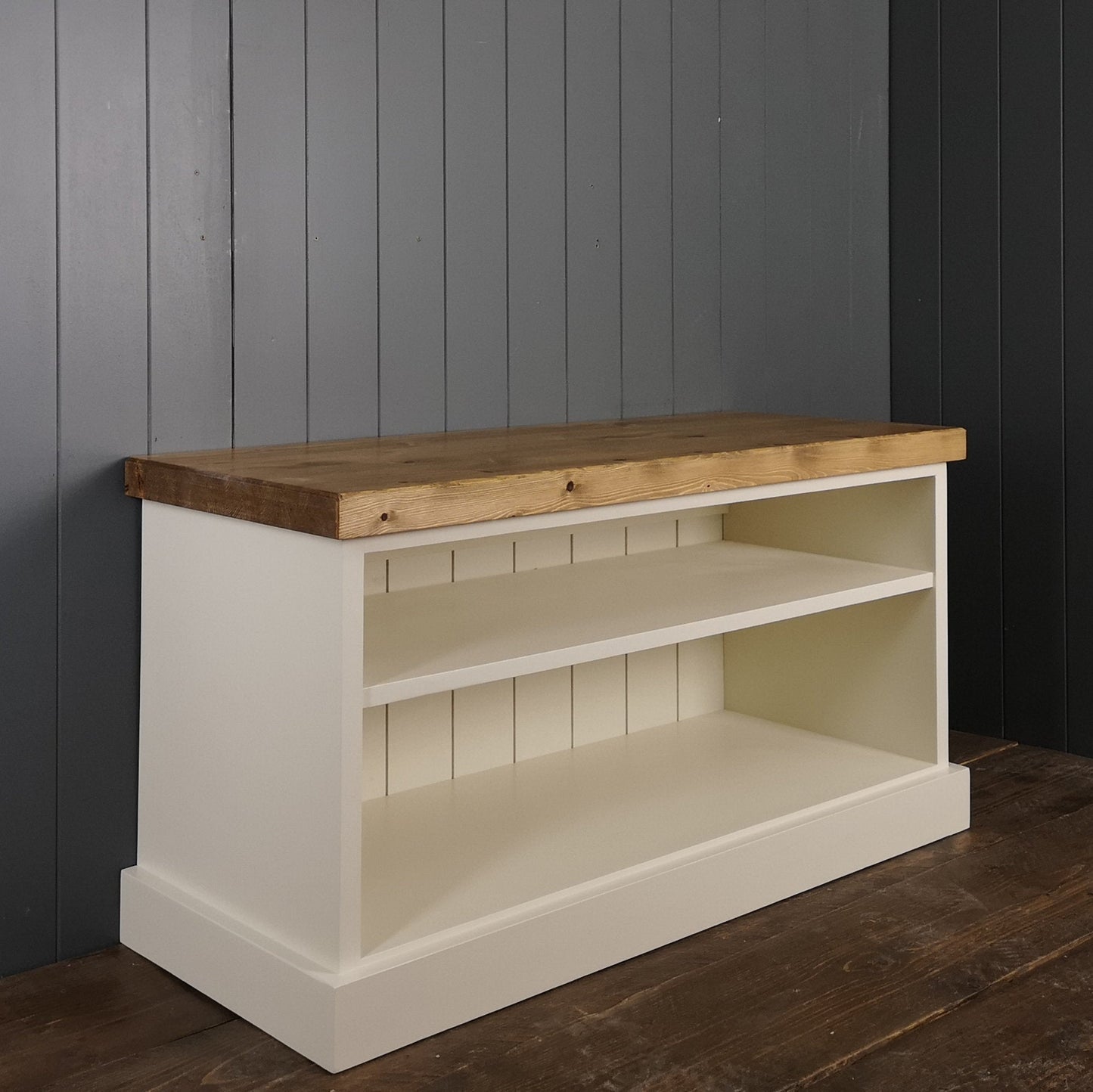 Painted hallway seat bench. Two chunky shelves for shoe storage.