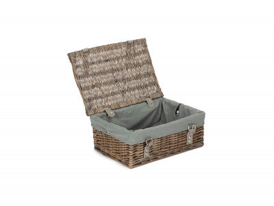 Basket, 14 inch EMPTY WICKER HAMPER BASKET - ANTIQUE WASH - GREY SAGE LINING
