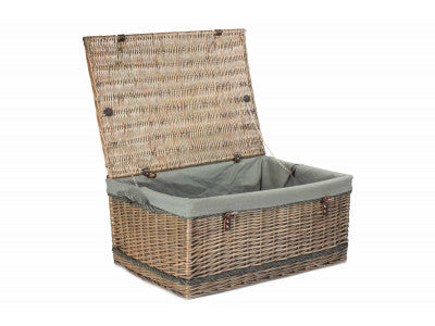 "Basket, 28" ANTIQUE WASH ROPE HANDLED TRUNK with GREY SAGE LINING"