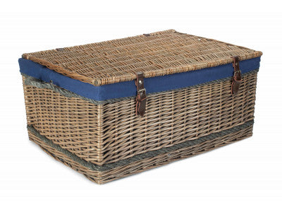 "Basket, 28" ANTIQUE WASH ROPE HANDLED TRUNK with NAVY BLUE LINING"