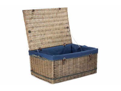"Basket, 28" ANTIQUE WASH ROPE HANDLED TRUNK with NAVY BLUE LINING"