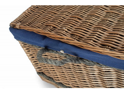 "Basket, 28" ANTIQUE WASH ROPE HANDLED TRUNK with NAVY BLUE LINING"