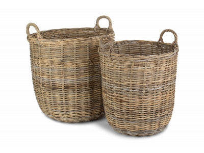 Basket, Set of 2 TALL ROUND FIRESIDE GREY RATTAN LOG BASKET 