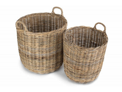 Basket, Set of 2 TALL ROUND FIRESIDE GREY RATTAN LOG BASKET 