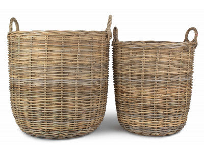 Basket, Set of 2 TALL ROUND FIRESIDE GREY RATTAN LOG BASKET 