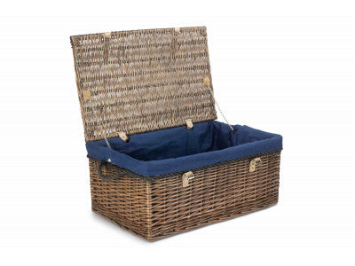"Basket, 24" ANTIQUE WASH ROPE HANDLED TRUNK with NAVY BLUE LINING"