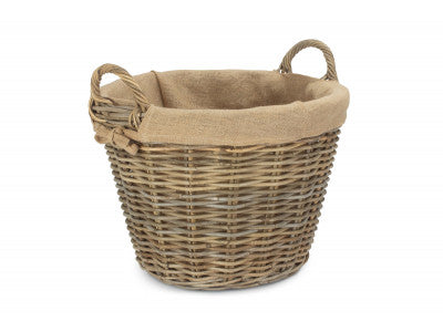 Basket, ROUND GREY RATTAN LOG BASKET with HESSIAN LINING