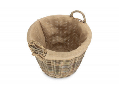 Basket, ROUND GREY RATTAN LOG BASKET with HESSIAN LINING