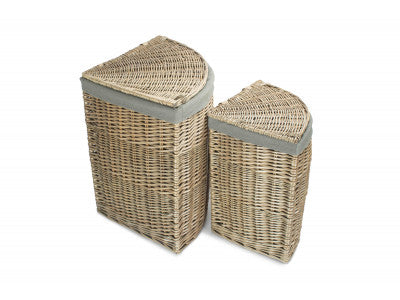 Basket, Set of 2 ANTIQUE WASH CORNER LAUNDRY BASKET with GREY SAGE LINING 