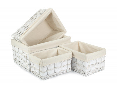 Basket, WHITE SCANDI STORAGE BASKETS with WHITE LINING SET 4 