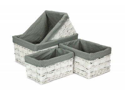 Basket, Set of 4 WHITE SCANDI STORAGE BASKET with GREY SAGE LINING 