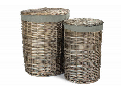 Basket, Set of 2 ANTIQUE WASH ROUND LAUNDRY BASKET with GREY SAGE LINING 