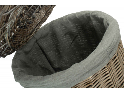 Basket, SMALL ANTIQUE WASH ROUND LAUNDRY BASKET with GREY SAGE LINING