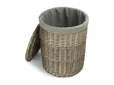 Basket, LARGE ANTIQUE WASH ROUND LAUNDRY BASKET with GREY SAGE LINING