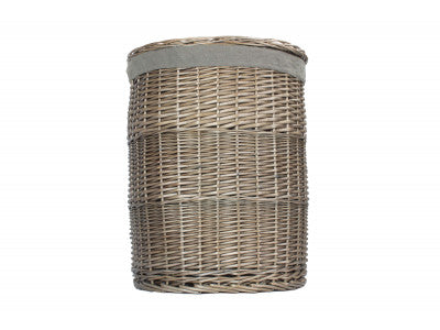 Basket, LARGE ANTIQUE WASH ROUND LAUNDRY BASKET with GREY SAGE LINING