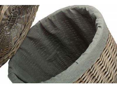 Basket, LARGE ANTIQUE WASH ROUND LAUNDRY BASKET with GREY SAGE LINING