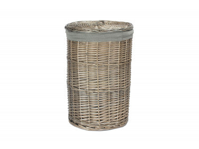 Basket, SMALL ANTIQUE WASH ROUND LAUNDRY BASKET with GREY SAGE LINING